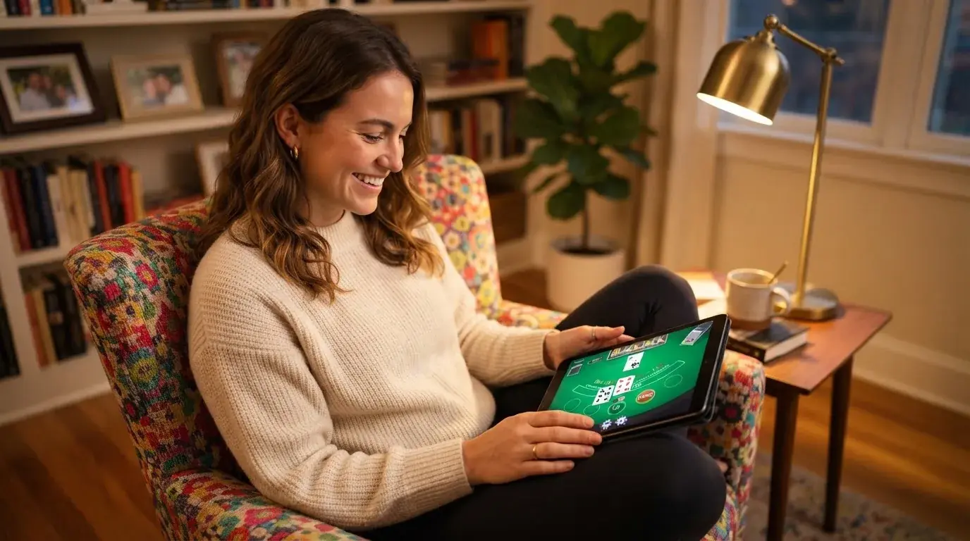 Una giovane donna sorride guardando lo schermo di un tablet appoggiato sulle ginocchia, comodamente seduta su una poltrona colorata.