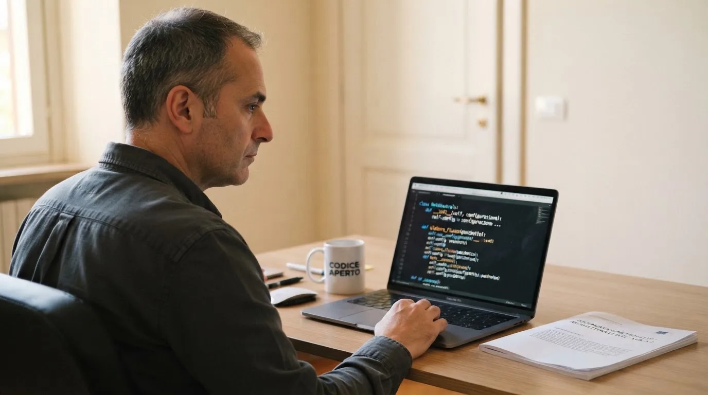 Un uomo seduto alla scrivania osserva pensieroso il monitor di un computer portatile, in una stanza ordinata con una tazza di caffè accanto.