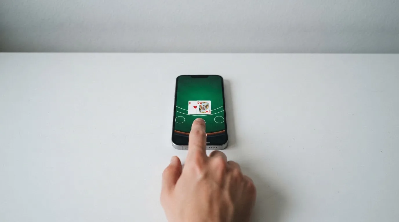 Una mano tocca con un dito lo schermo di uno smartphone tenuto in verticale, con simboli colorati sfocati sullo sfondo del display.